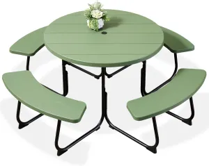 Best Choice Products 8-Person Outdoor Bench Patio Picnic Table, Circular w/ 4 Built-in Benches and Umbrella Hole, 2000lb Capacity - Green