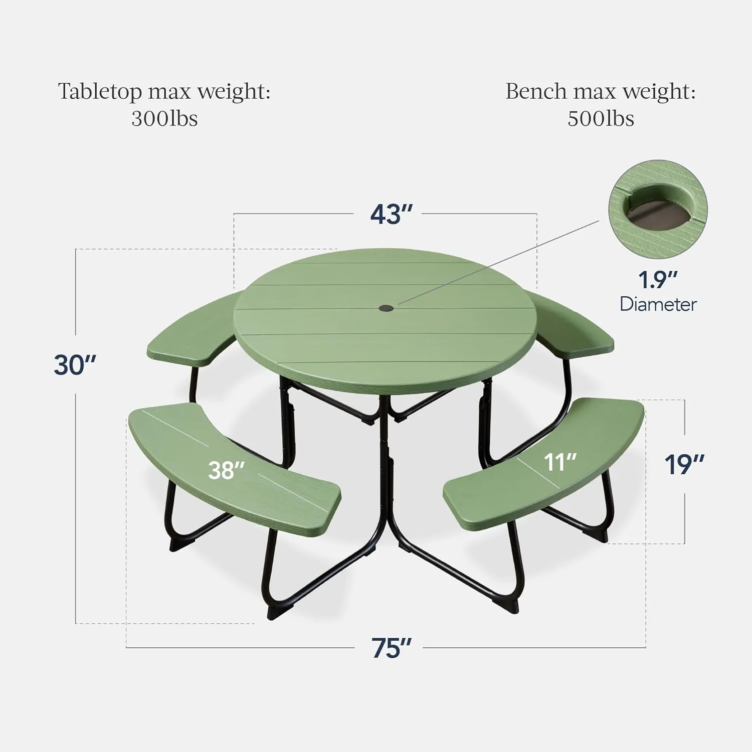 Best Choice Products 8-Person Outdoor Bench Patio Picnic Table, Circular w/ 4 Built-in Benches and Umbrella Hole, 2000lb Capacity - Green