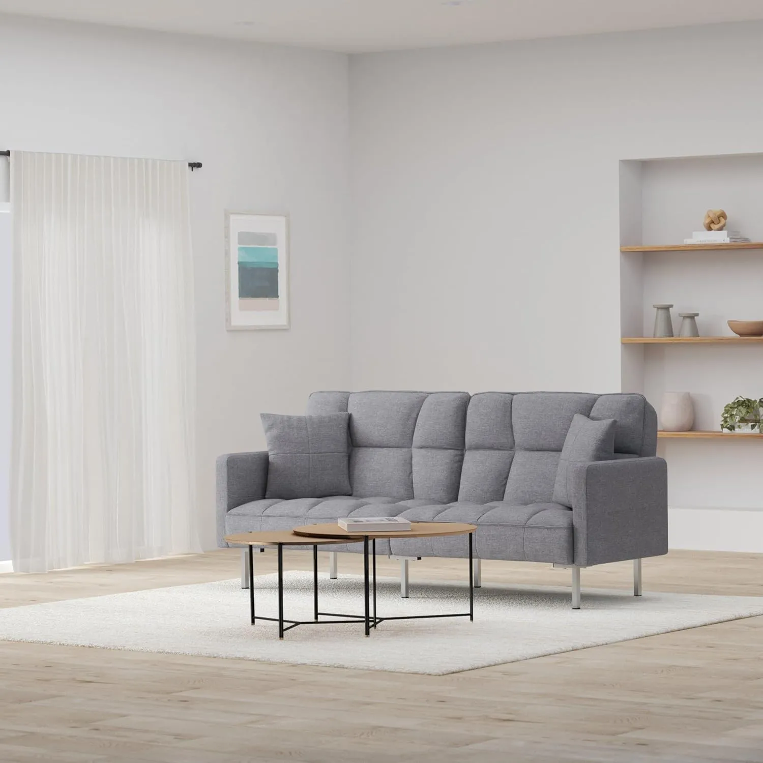 Best Choice Products Convertible Linen Fabric Tufted Split-Back Plush Futon Sofa Furniture for Living Room, Apartment, Bonus Room, Overnight Guests w/ 2 Pillows, Wood Frame, Metal Legs - Dark Gray