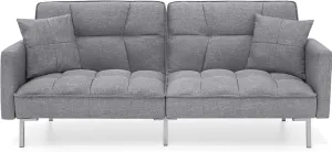 Best Choice Products Convertible Linen Fabric Tufted Split-Back Plush Futon Sofa Furniture for Living Room, Apartment, Bonus Room, Overnight Guests w/ 2 Pillows, Wood Frame, Metal Legs - Dark Gray