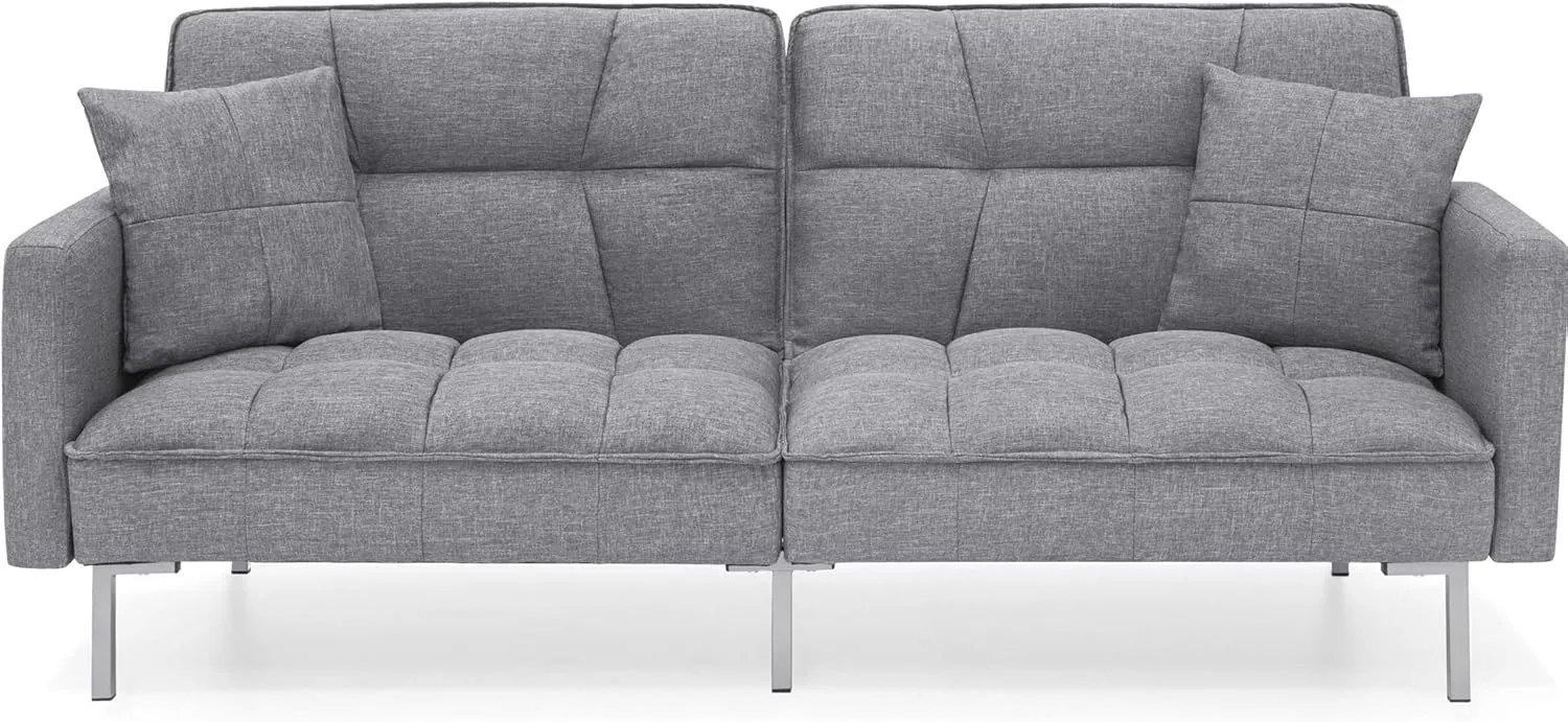 Best Choice Products Convertible Linen Fabric Tufted Split-Back Plush Futon Sofa Furniture for Living Room, Apartment, Bonus Room, Overnight Guests w/ 2 Pillows, Wood Frame, Metal Legs - Dark Gray