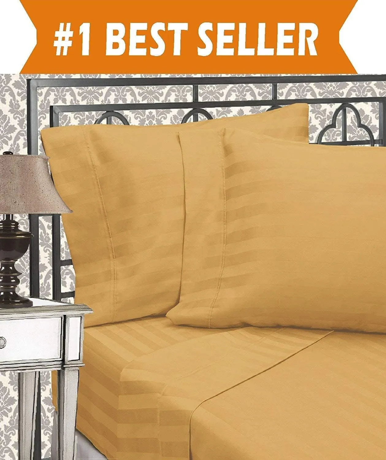 Best, Softest, Coziest 4-Piece Sheet Sets! - 1500 Thread Count Egyptian Quality Luxurious Wrinkle Resistant 4-Piece Damask Stripe Bed Sheet Set,Gold, Queen