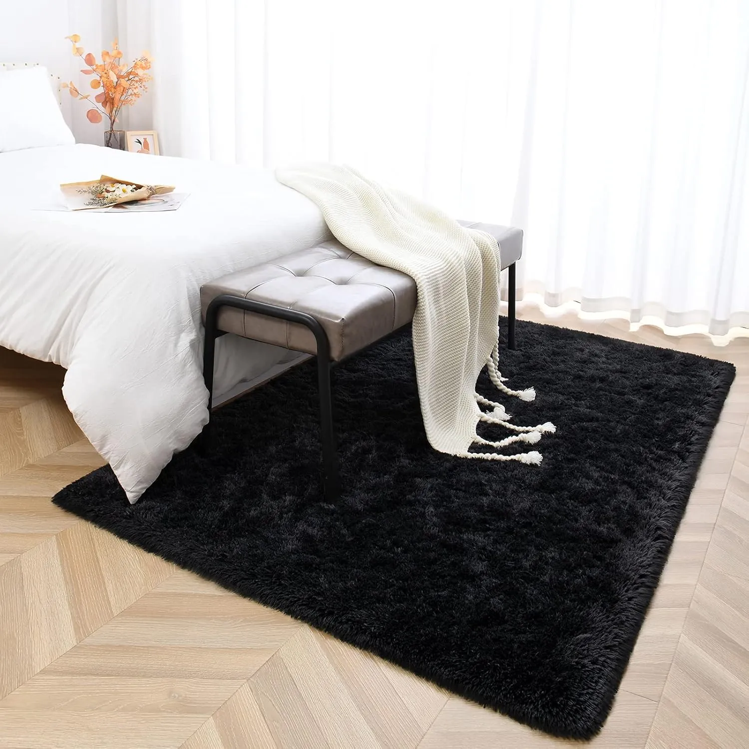 Black Area Rugs for Bedroom Living Room, 3x5 Soft Non-Slip Rug Fluffy Shag, Fuzzy Indoor Shaggy Carpet for Dorm Home Decor