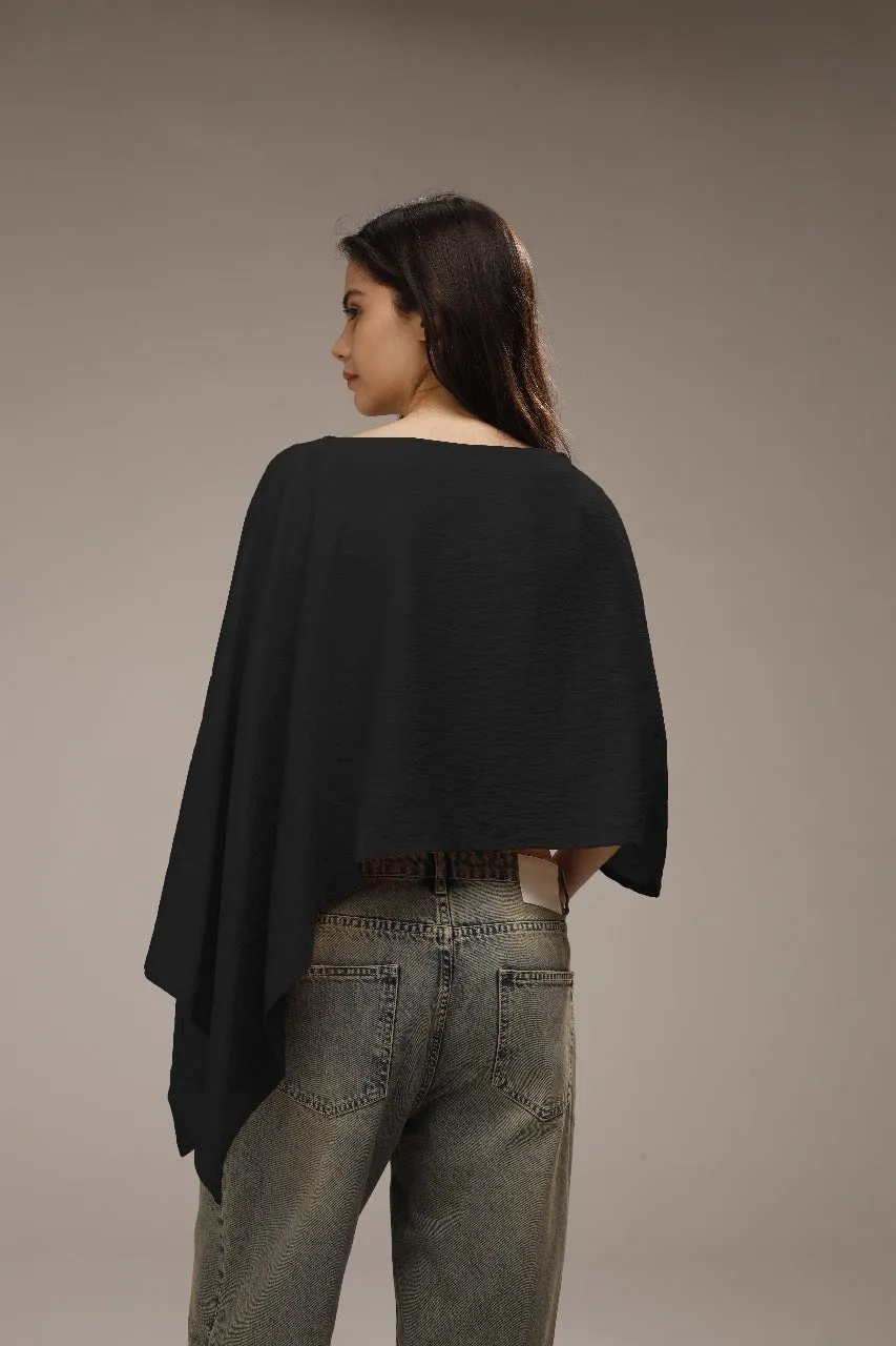 Black Spanish Linen Asymmetric Cropped Poncho