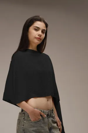 Black Spanish Linen Asymmetric Cropped Poncho