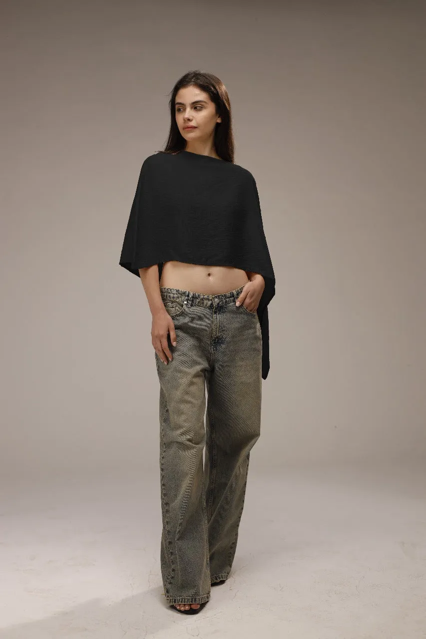Black Spanish Linen Asymmetric Cropped Poncho