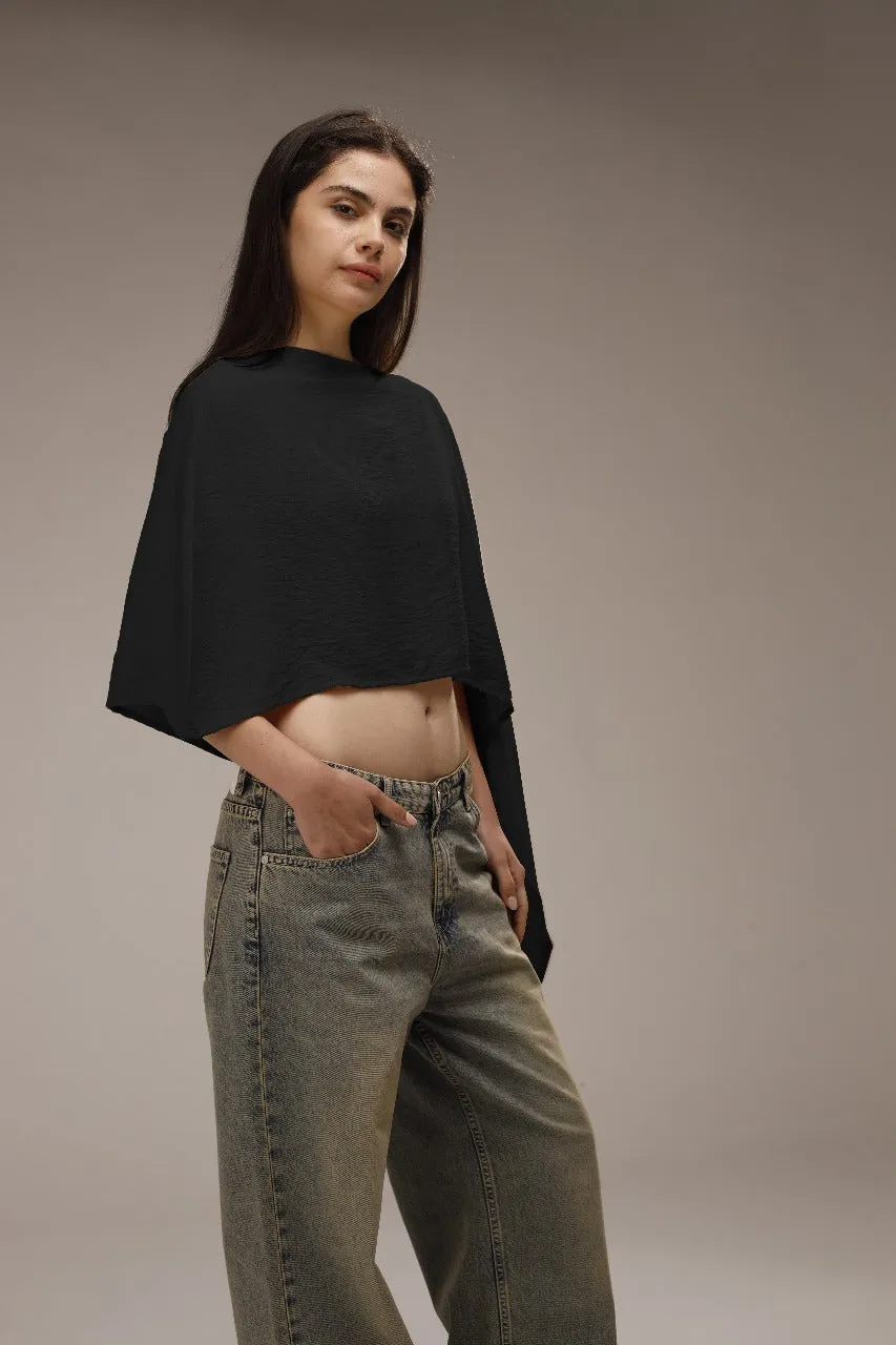 Black Spanish Linen Asymmetric Cropped Poncho