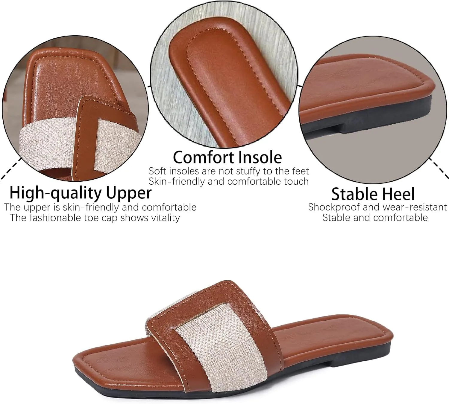 BLYVORA Women's Canvas One Word Flat Slides Sandals Fashion Non-Slip Square Toe Slip On Leather Walking Slippers Outdoor Indoor Summer Beach Home Mules