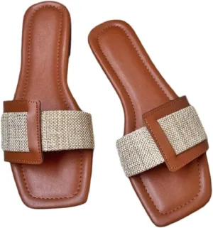 BLYVORA Women's Canvas One Word Flat Slides Sandals Fashion Non-Slip Square Toe Slip On Leather Walking Slippers Outdoor Indoor Summer Beach Home Mules