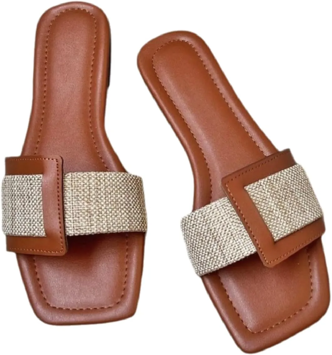 BLYVORA Women's Canvas One Word Flat Slides Sandals Fashion Non-Slip Square Toe Slip On Leather Walking Slippers Outdoor Indoor Summer Beach Home Mules