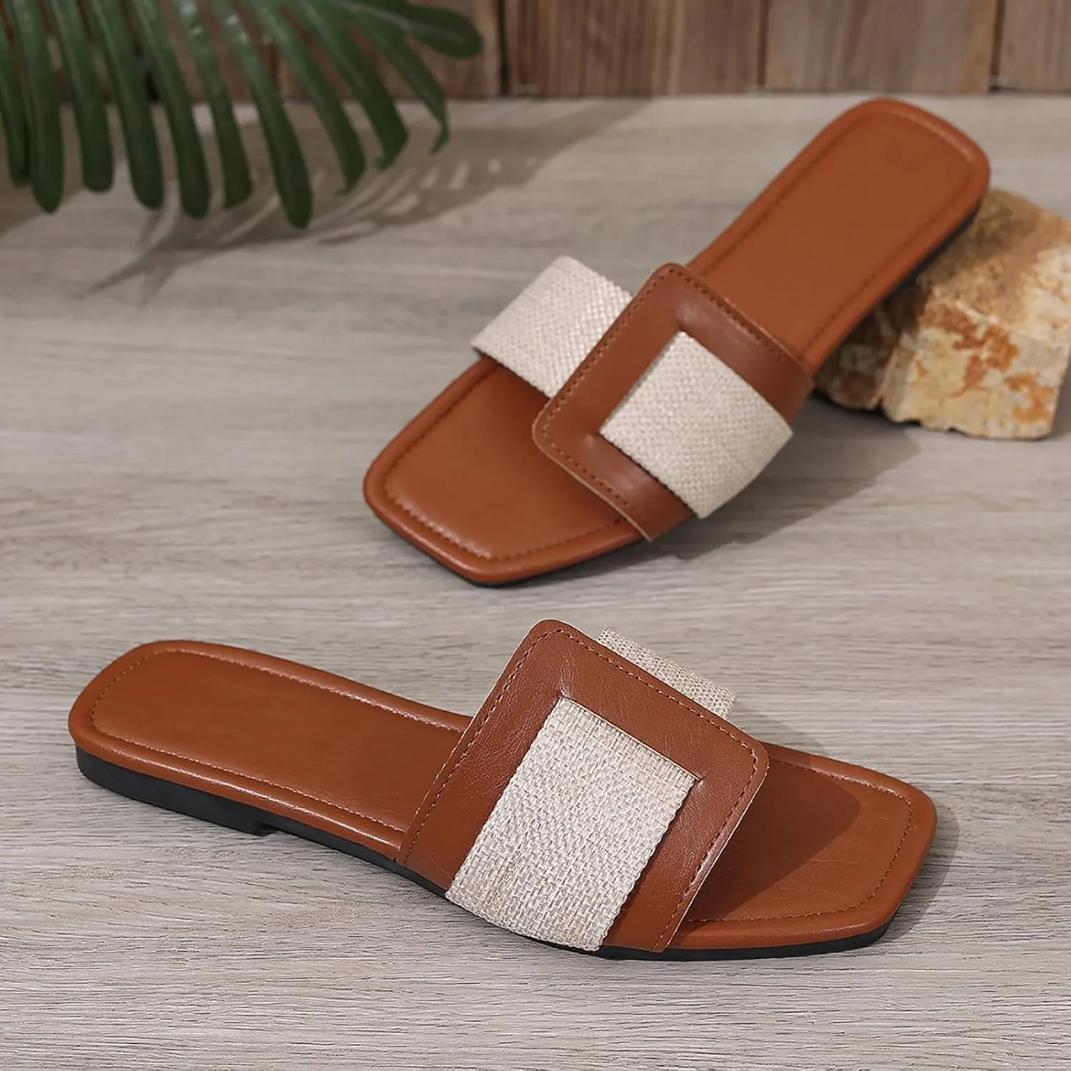 BLYVORA Women's Canvas One Word Flat Slides Sandals Fashion Non-Slip Square Toe Slip On Leather Walking Slippers Outdoor Indoor Summer Beach Home Mules