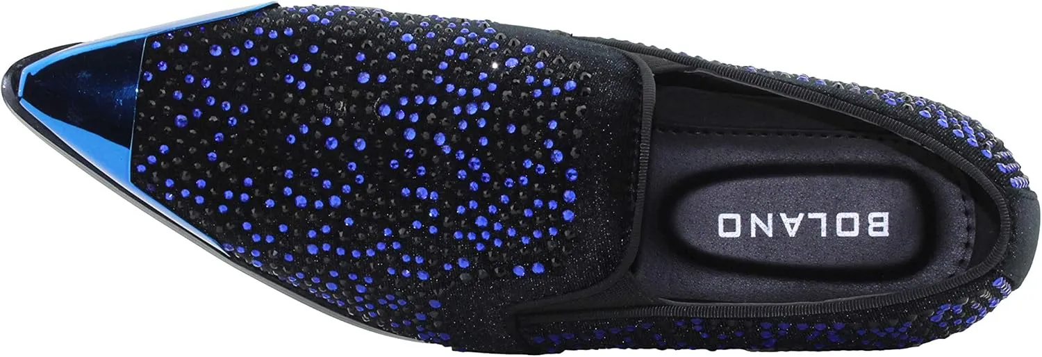 Bolano x Amali Men's Dress Loafers with Rhinestones, Slip-On, Tuxedo Loafer Shoes for Men, Pointed Toe with Metal Tip, Size Up