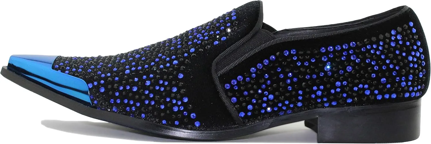 Bolano x Amali Men's Dress Loafers with Rhinestones, Slip-On, Tuxedo Loafer Shoes for Men, Pointed Toe with Metal Tip, Size Up