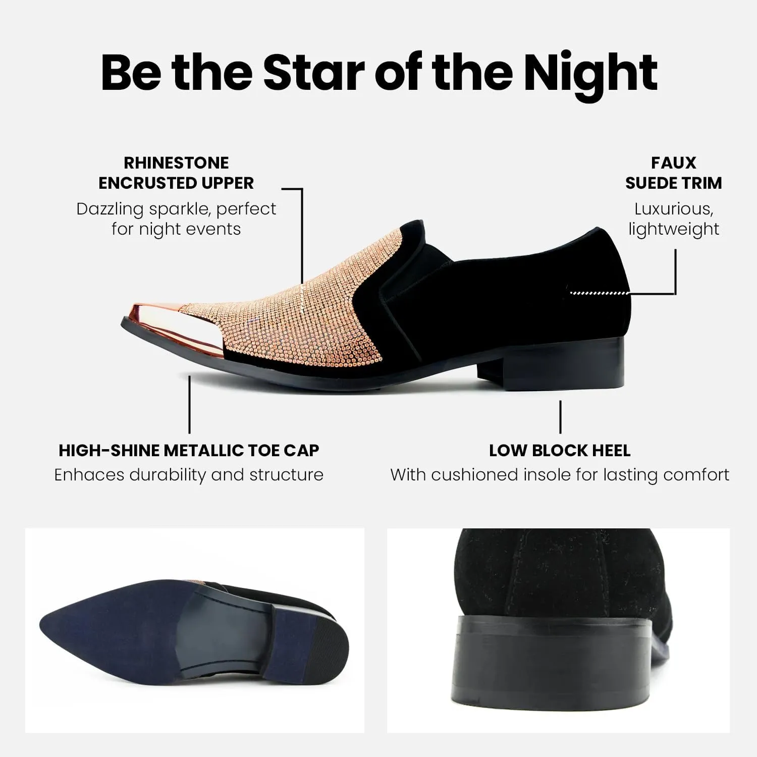 Bolano x Amali Men's Dress Loafers with Rhinestones, Slip-On, Tuxedo Loafer Shoes for Men, Pointed Toe with Metal Tip, Size Up