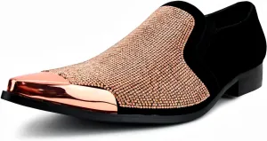 Bolano x Amali Men's Dress Loafers with Rhinestones, Slip-On, Tuxedo Loafer Shoes for Men, Pointed Toe with Metal Tip, Size Up