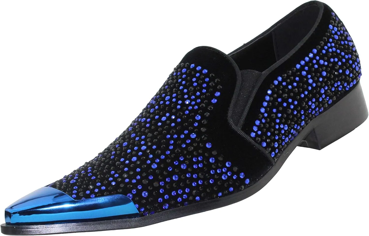 Bolano x Amali Men's Dress Loafers with Rhinestones, Slip-On, Tuxedo Loafer Shoes for Men, Pointed Toe with Metal Tip, Size Up