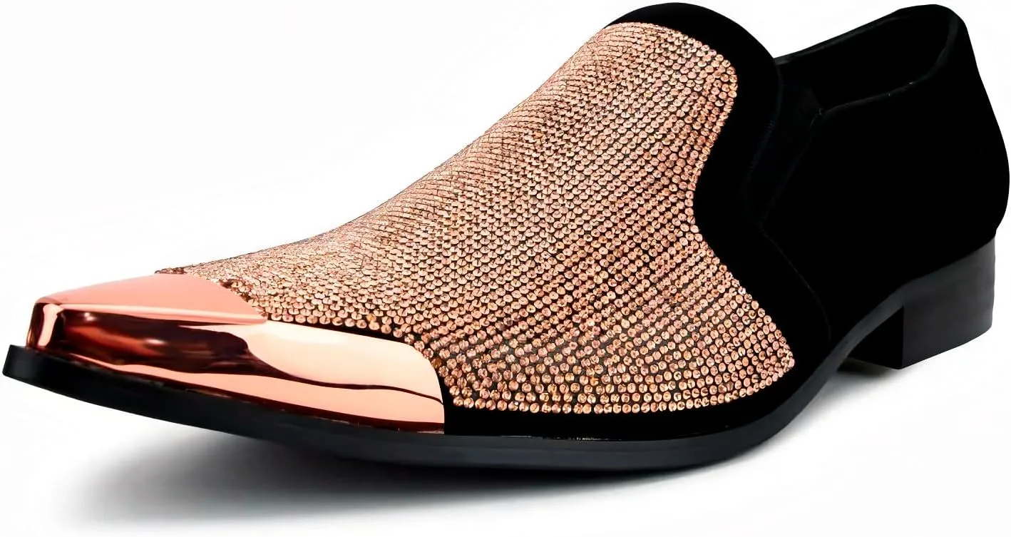 Bolano x Amali Men's Dress Loafers with Rhinestones, Slip-On, Tuxedo Loafer Shoes for Men, Pointed Toe with Metal Tip, Size Up