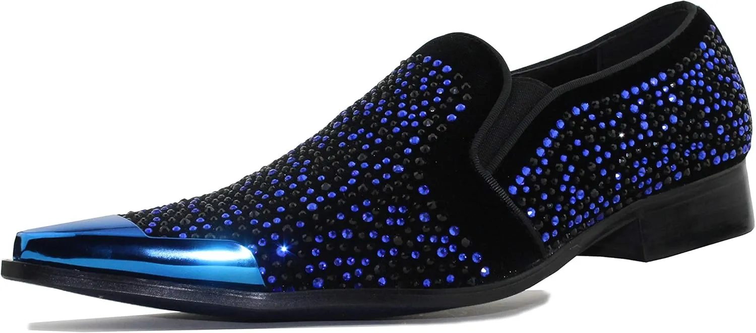 Bolano x Amali Men's Dress Loafers with Rhinestones, Slip-On, Tuxedo Loafer Shoes for Men, Pointed Toe with Metal Tip, Size Up