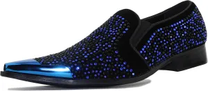 Bolano x Amali Men's Dress Loafers with Rhinestones, Slip-On, Tuxedo Loafer Shoes for Men, Pointed Toe with Metal Tip, Size Up