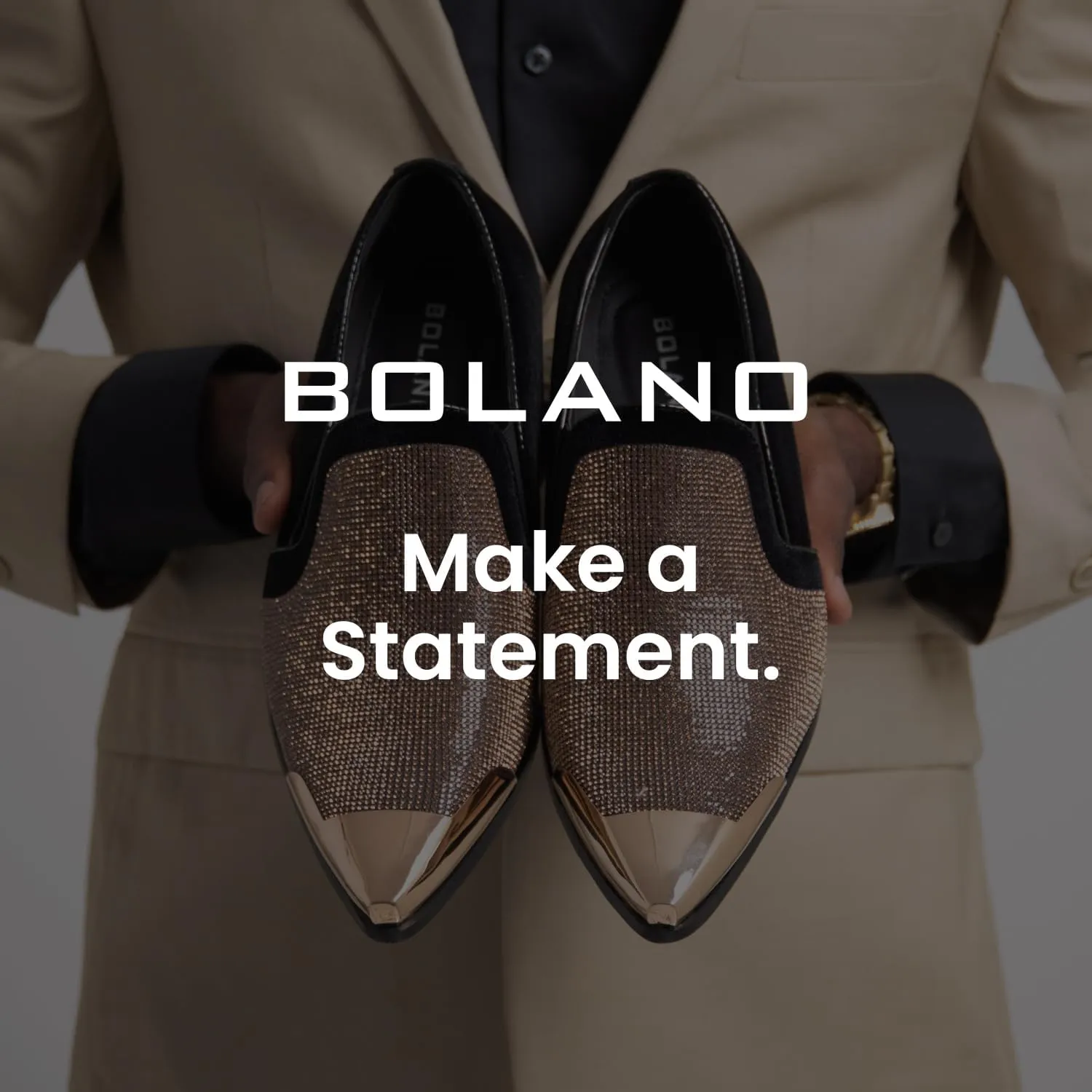 Bolano x Amali Men's Dress Loafers with Rhinestones, Slip-On, Tuxedo Loafer Shoes for Men, Pointed Toe with Metal Tip, Size Up