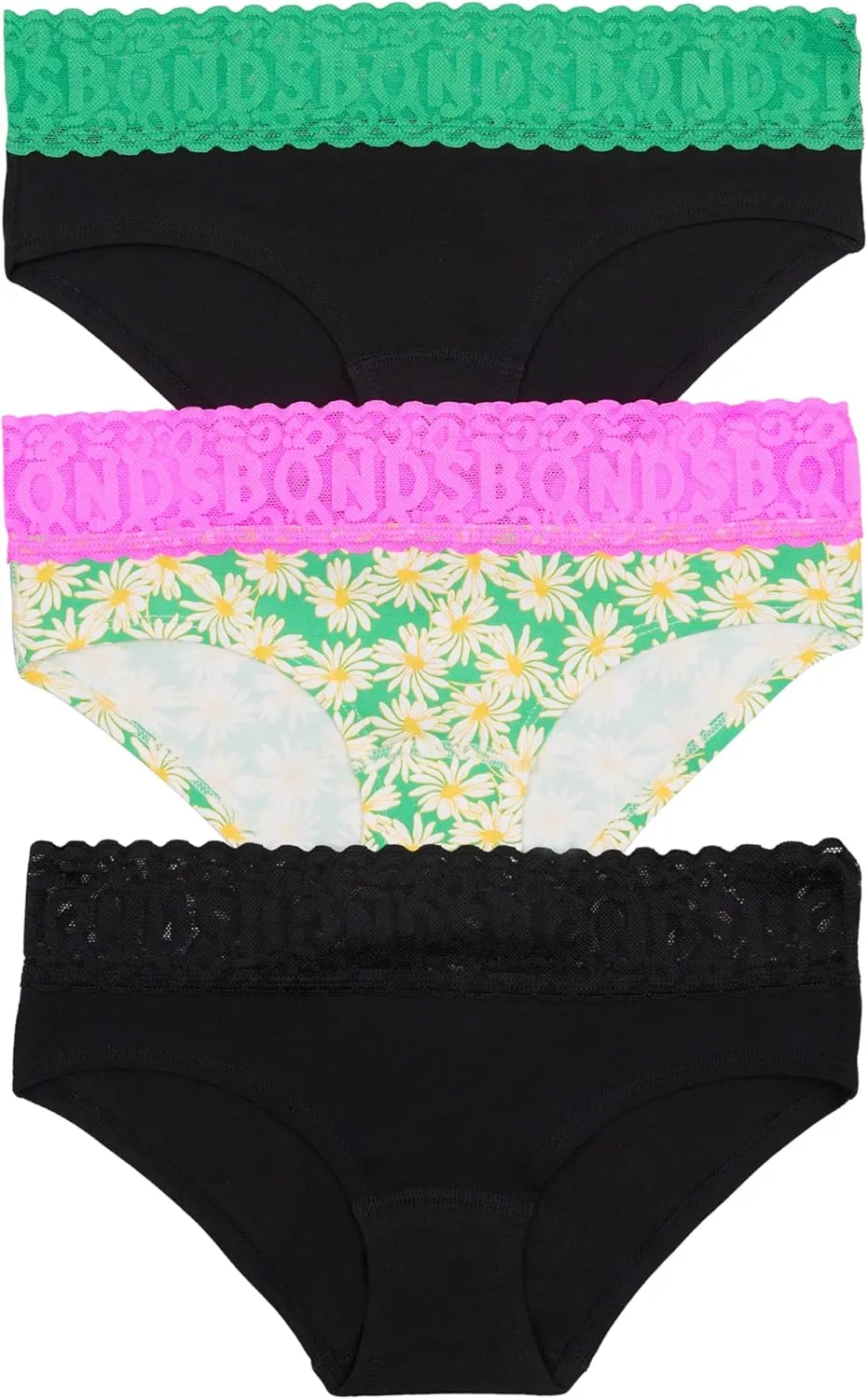 Bonds Women's Underwear Hipster Pack, Lace-top Icons Hipster Panties for Women, Stretchy Cotton-blend Underwear, 3-pack