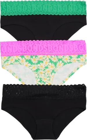 Bonds Women's Underwear Hipster Pack, Lace-top Icons Hipster Panties for Women, Stretchy Cotton-blend Underwear, 3-pack