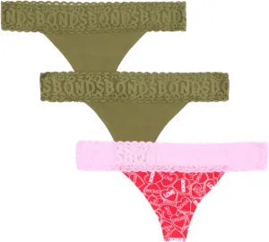 Bonds Women's Underwear Thong Pack, Lace-top Icons Panties for Women, Stretchy Cotton-blend, Low-rise Underwear, 3-pack