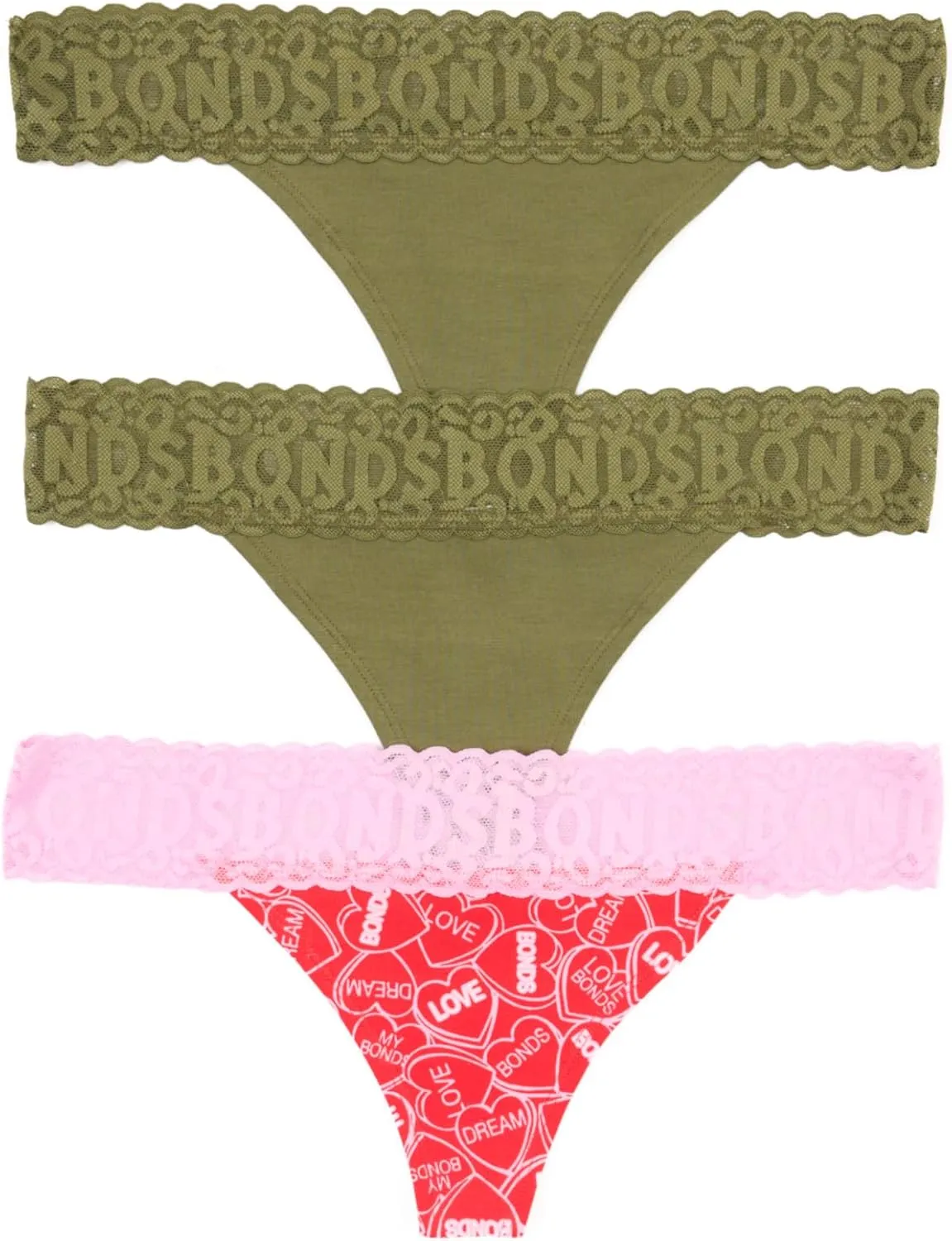 Bonds Women's Underwear Thong Pack, Lace-top Icons Panties for Women, Stretchy Cotton-blend, Low-rise Underwear, 3-pack