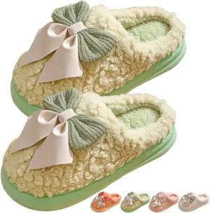 Bow Slippers Women's Cute Soft Cozy Fuzzy Slippers Bow Tie Comfy Winter House Warm Slippers Shoes Indoor Non Slip Home Slippers Ladies Bedroom Fluffy Slipper