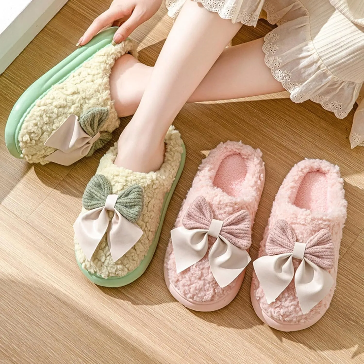 Bow Slippers Women's Cute Soft Cozy Fuzzy Slippers Bow Tie Comfy Winter House Warm Slippers Shoes Indoor Non Slip Home Slippers Ladies Bedroom Fluffy Slipper