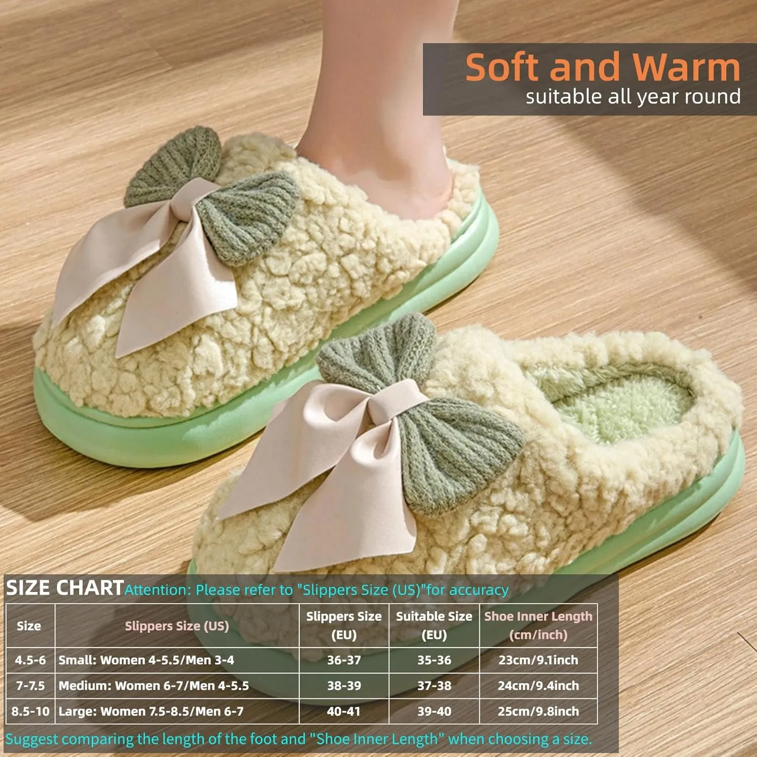 Bow Slippers Women's Cute Soft Cozy Fuzzy Slippers Bow Tie Comfy Winter House Warm Slippers Shoes Indoor Non Slip Home Slippers Ladies Bedroom Fluffy Slipper