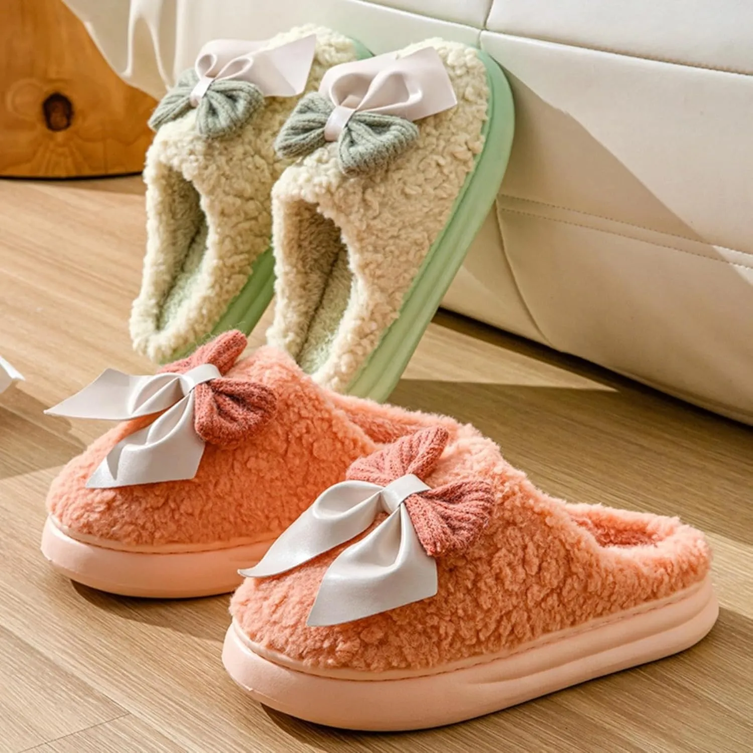 Bow Slippers Women's Cute Soft Cozy Fuzzy Slippers Bow Tie Comfy Winter House Warm Slippers Shoes Indoor Non Slip Home Slippers Ladies Bedroom Fluffy Slipper