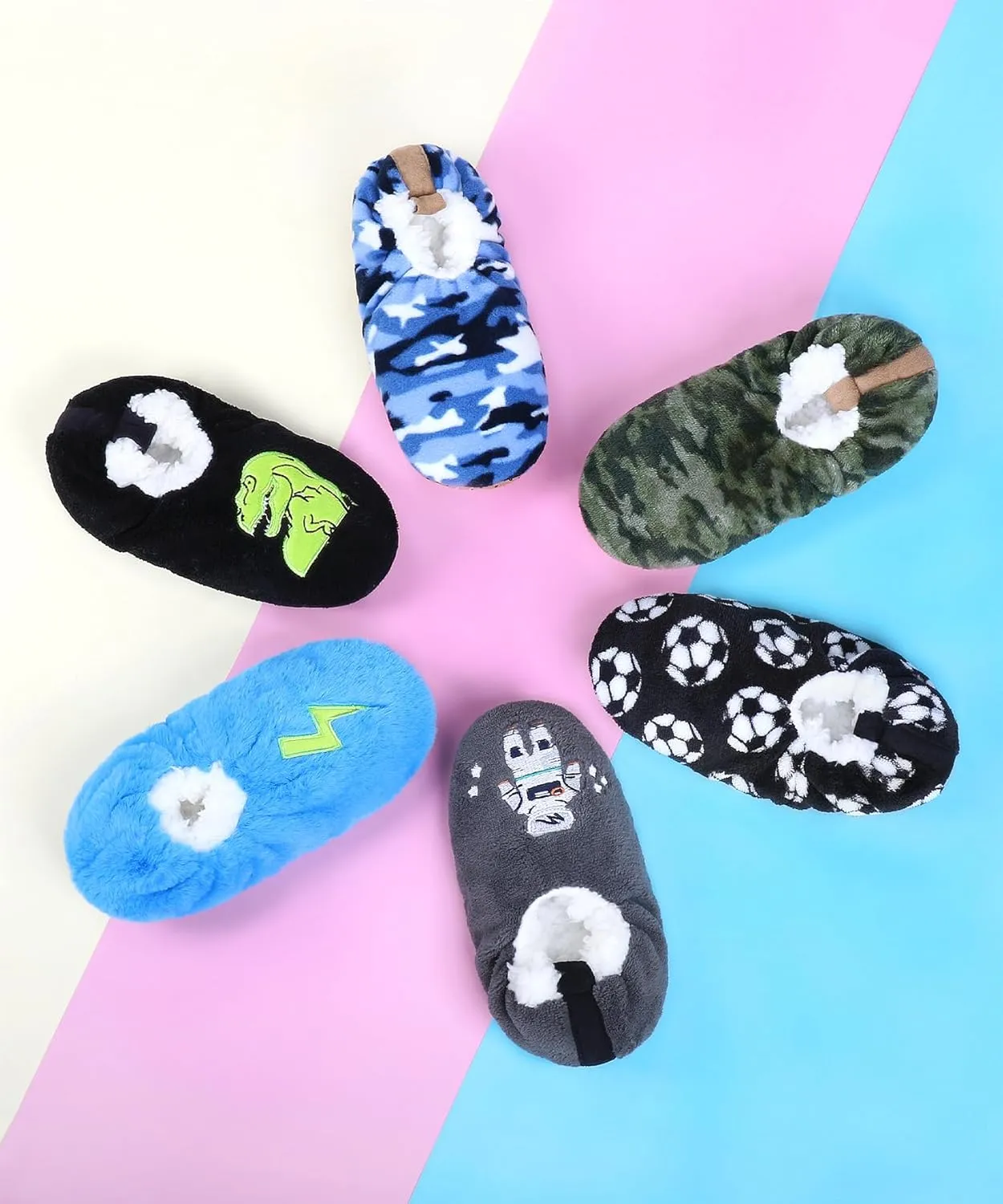 Boys House Slippers With Non Skid Bottoms, Cute Animal Slipper Socks With Grippers For Big Kids, Cozy Soft Sole Warm Fuzzy House Shoes