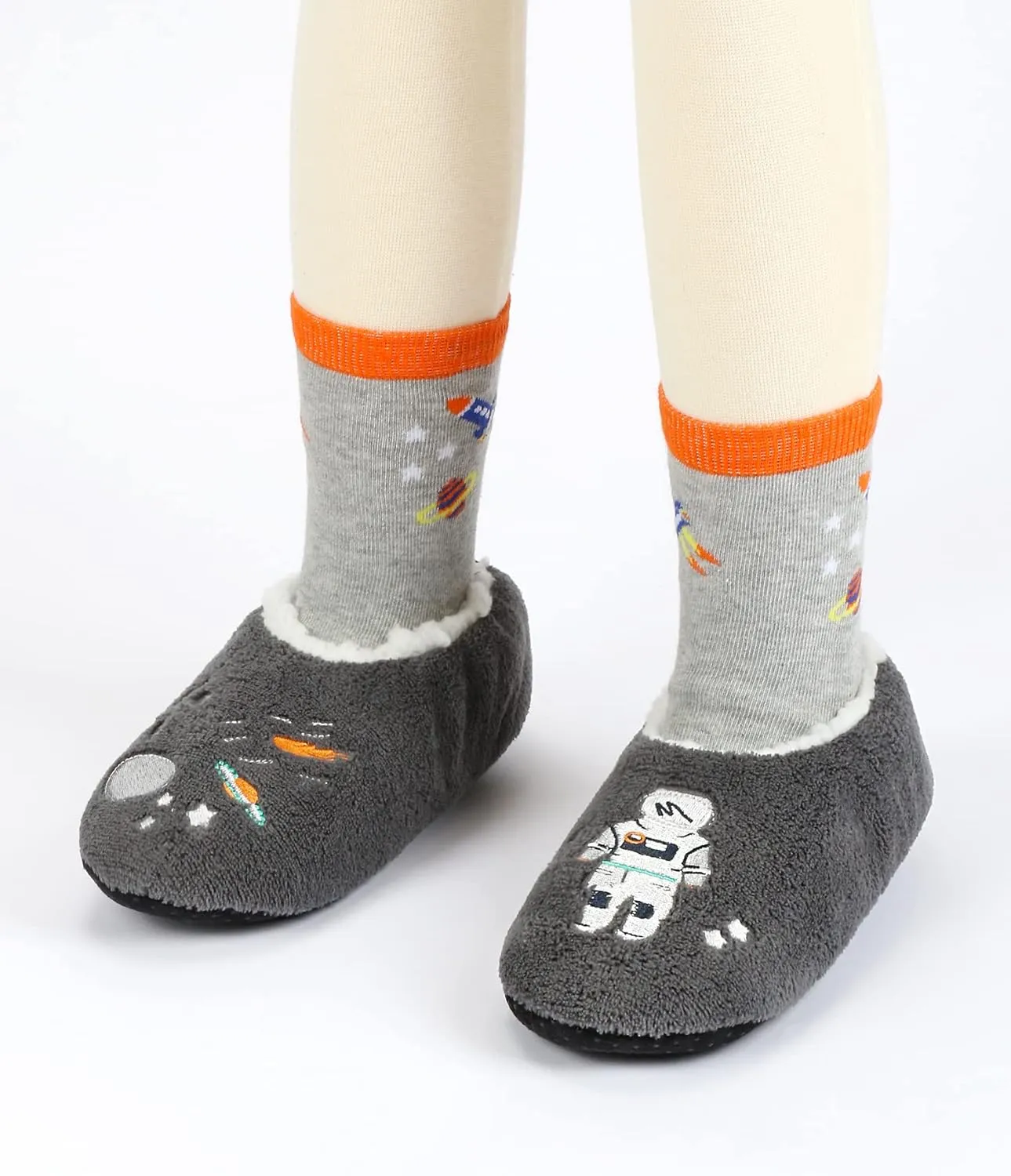 Boys House Slippers With Non Skid Bottoms, Cute Animal Slipper Socks With Grippers For Big Kids, Cozy Soft Sole Warm Fuzzy House Shoes