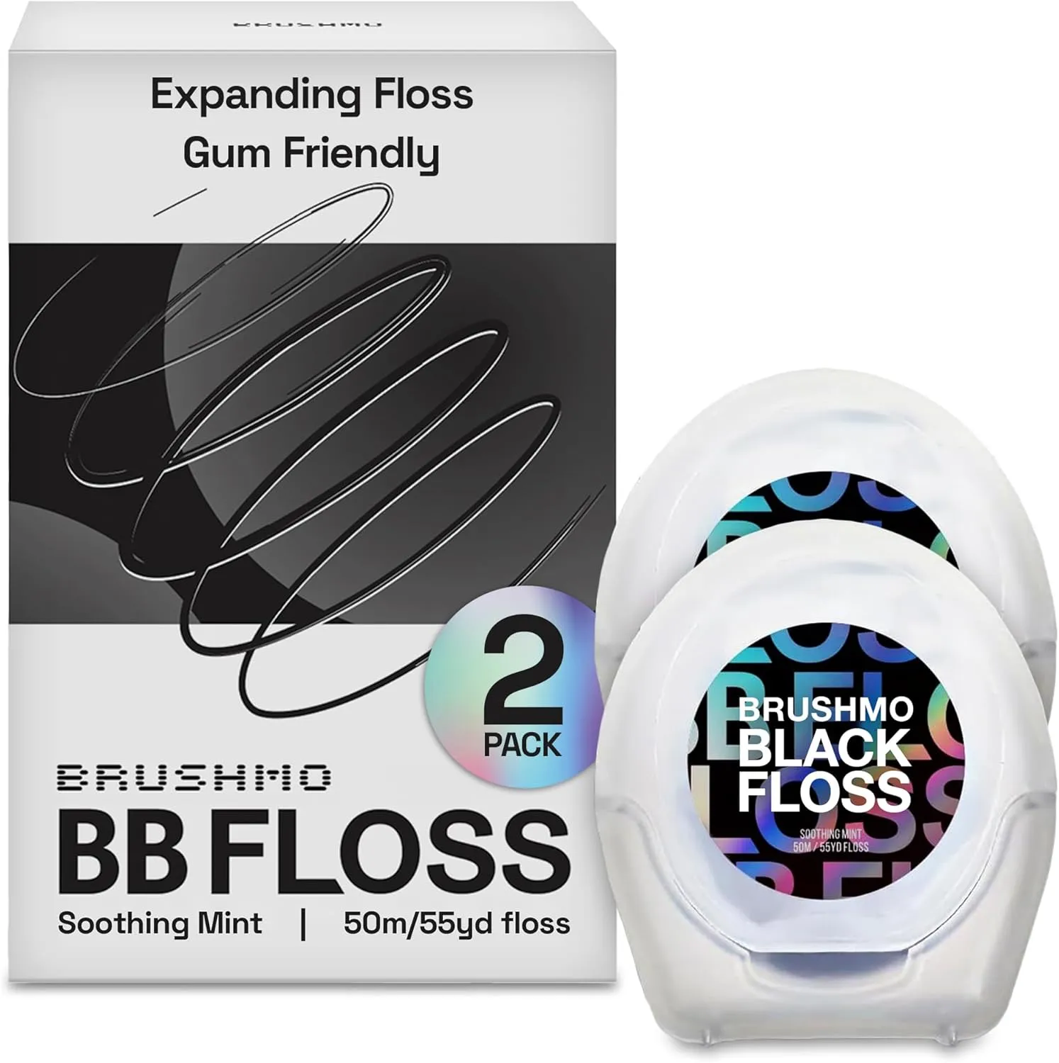 Brushmo Black Floss (BB Floss) - Expanding Gum-Friendly Soothing Mint Dental Floss, Natural Wax Helps Remove Plaque from Teeth, US-Dentist Designed PTFE & PFAS Free Oral Care, 2 Spools, 110 yd, Vegan