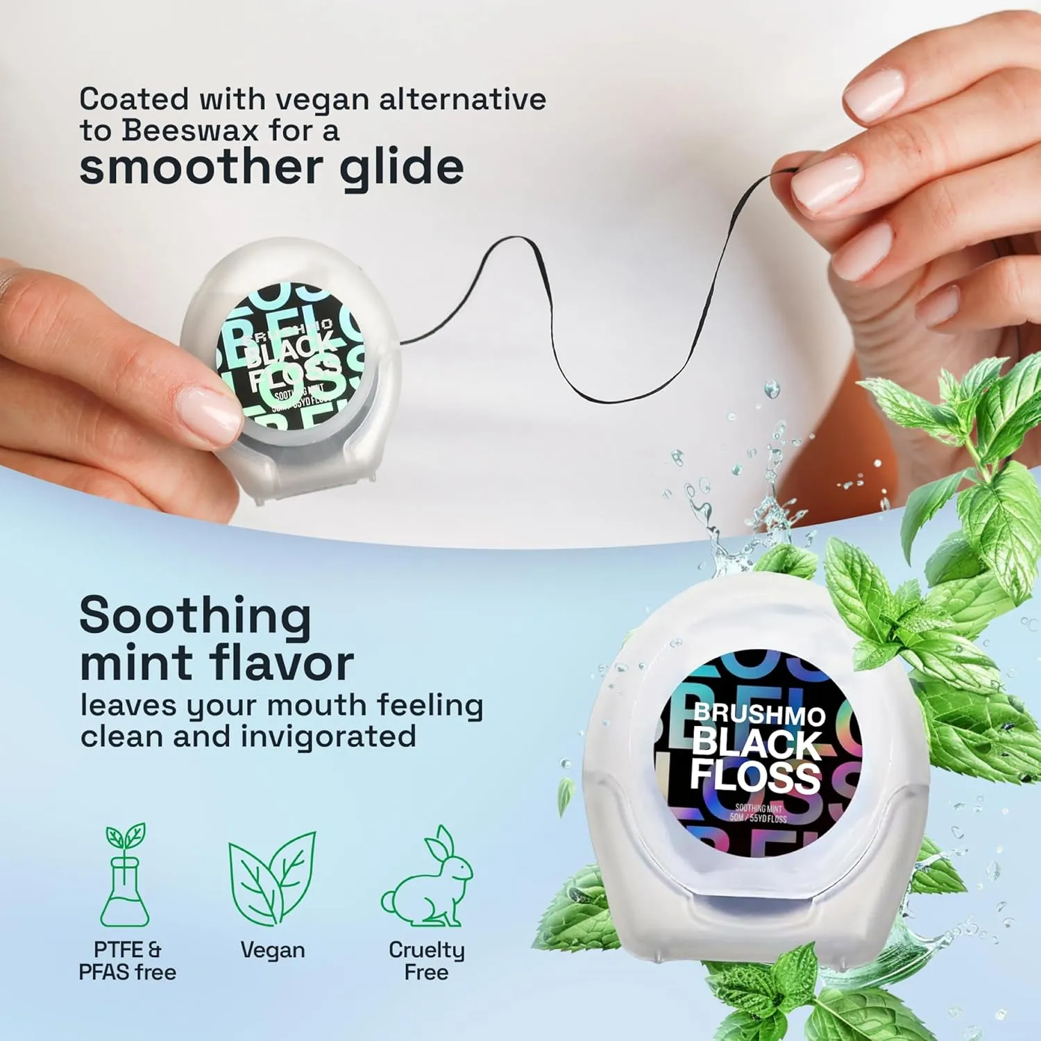 Brushmo Black Floss (BB Floss) - Expanding Gum-Friendly Soothing Mint Dental Floss, Natural Wax Helps Remove Plaque from Teeth, US-Dentist Designed PTFE & PFAS Free Oral Care, 2 Spools, 110 yd, Vegan