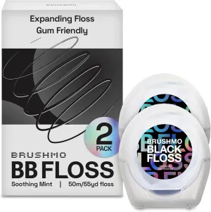 Brushmo Black Floss (BB Floss) - Expanding Gum-Friendly Soothing Mint Dental Floss, Natural Wax Helps Remove Plaque from Teeth, US-Dentist Designed PTFE & PFAS Free Oral Care, 2 Spools, 110 yd, Vegan