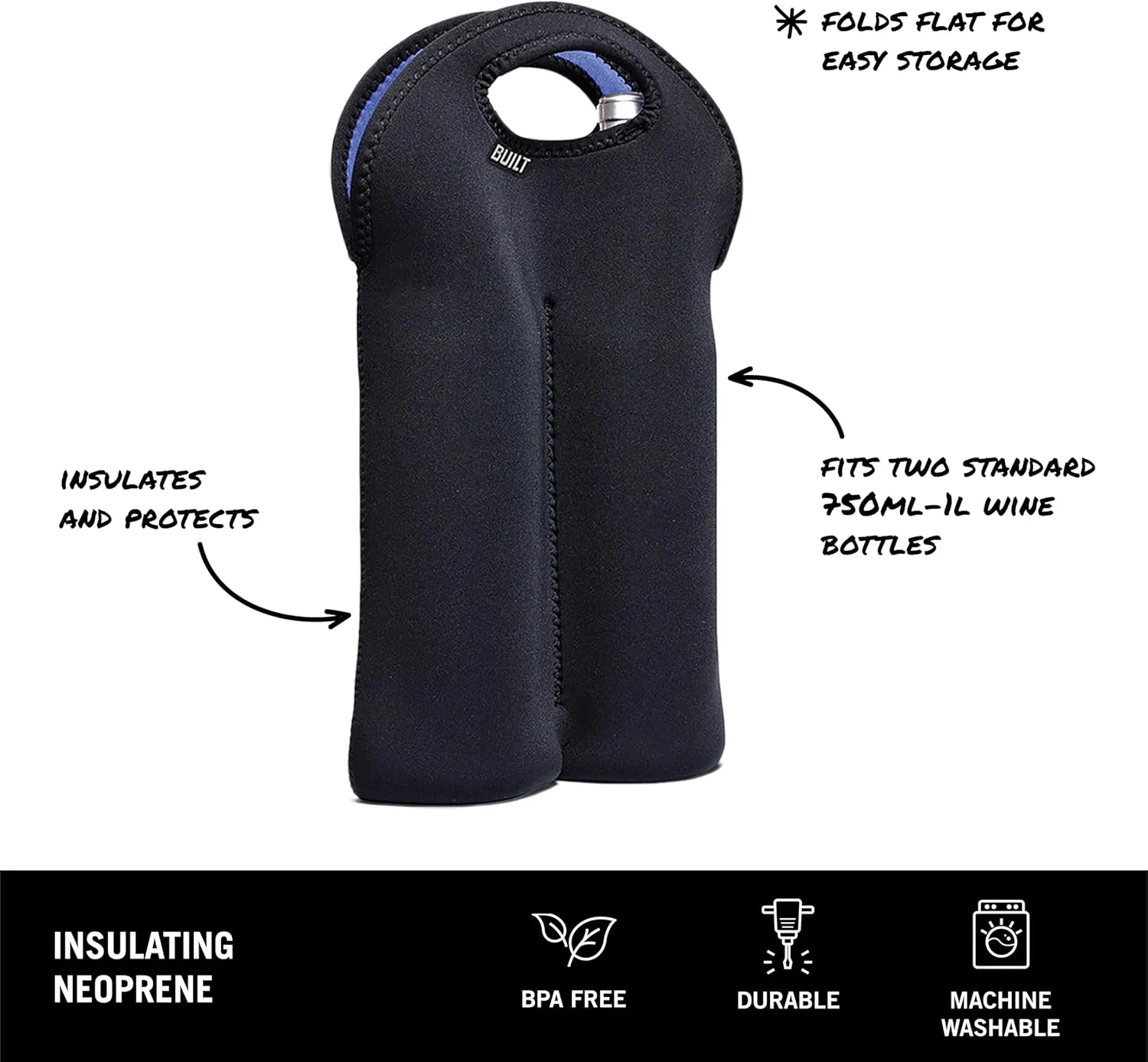BUILT 2B-BLK 2-Bottle Stain Resistant Neoprene Wine/Water Bottle Carry Tote, Black