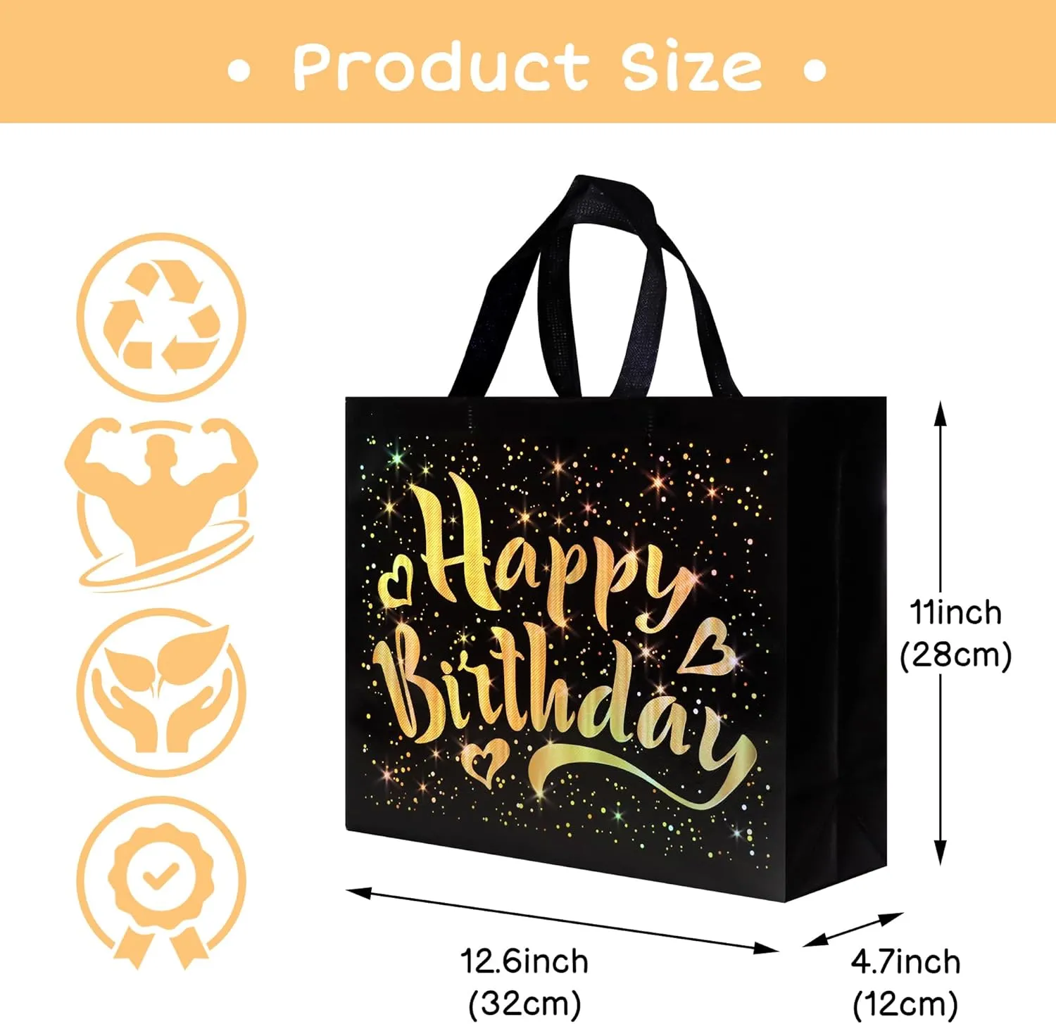 cabzymx 22 Pcs Black Birthday Gift Bags with Gold Shiny Stars, 12.6 x 4.7 x 11 In Reusable Party Gift Bags Bulk for Kids, Adults Birthday Party