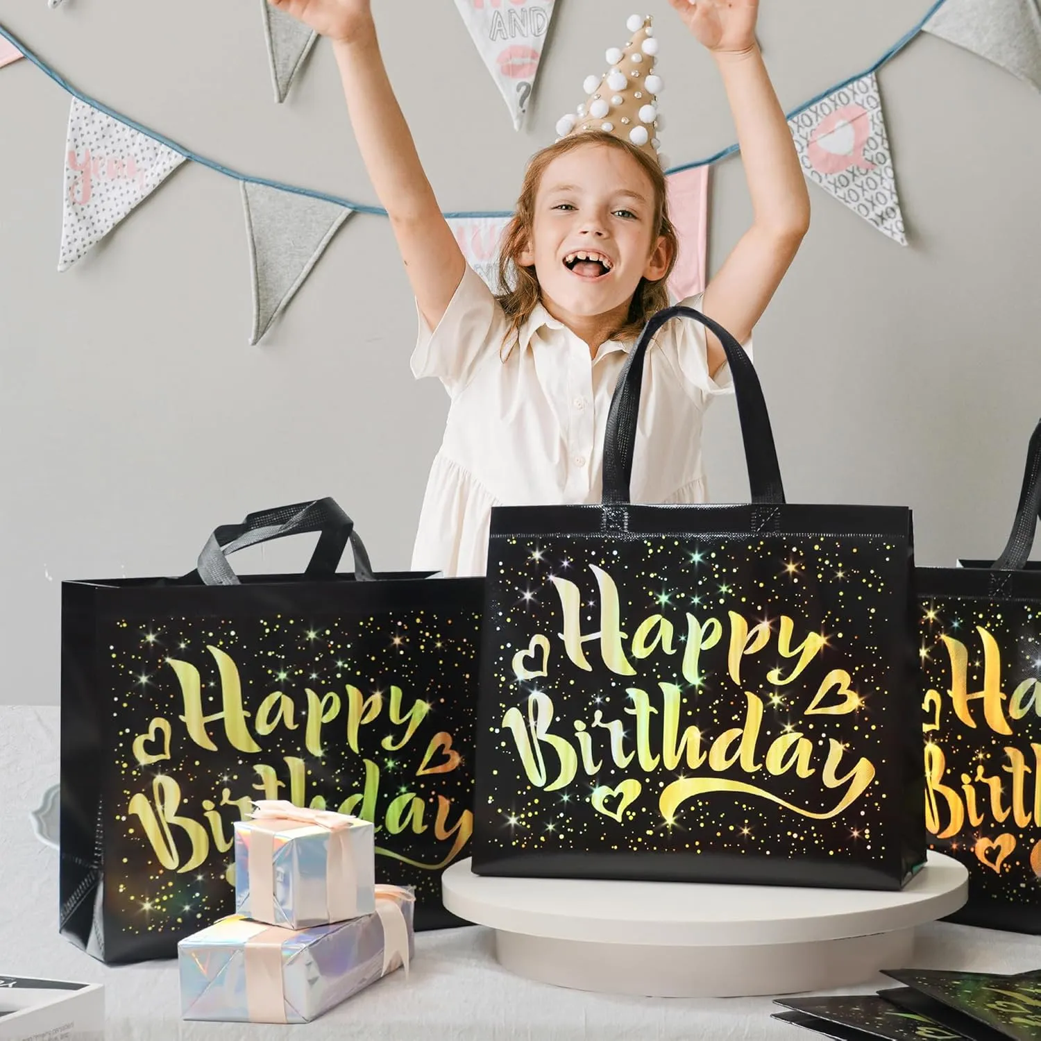 cabzymx 22 Pcs Black Birthday Gift Bags with Gold Shiny Stars, 12.6 x 4.7 x 11 In Reusable Party Gift Bags Bulk for Kids, Adults Birthday Party