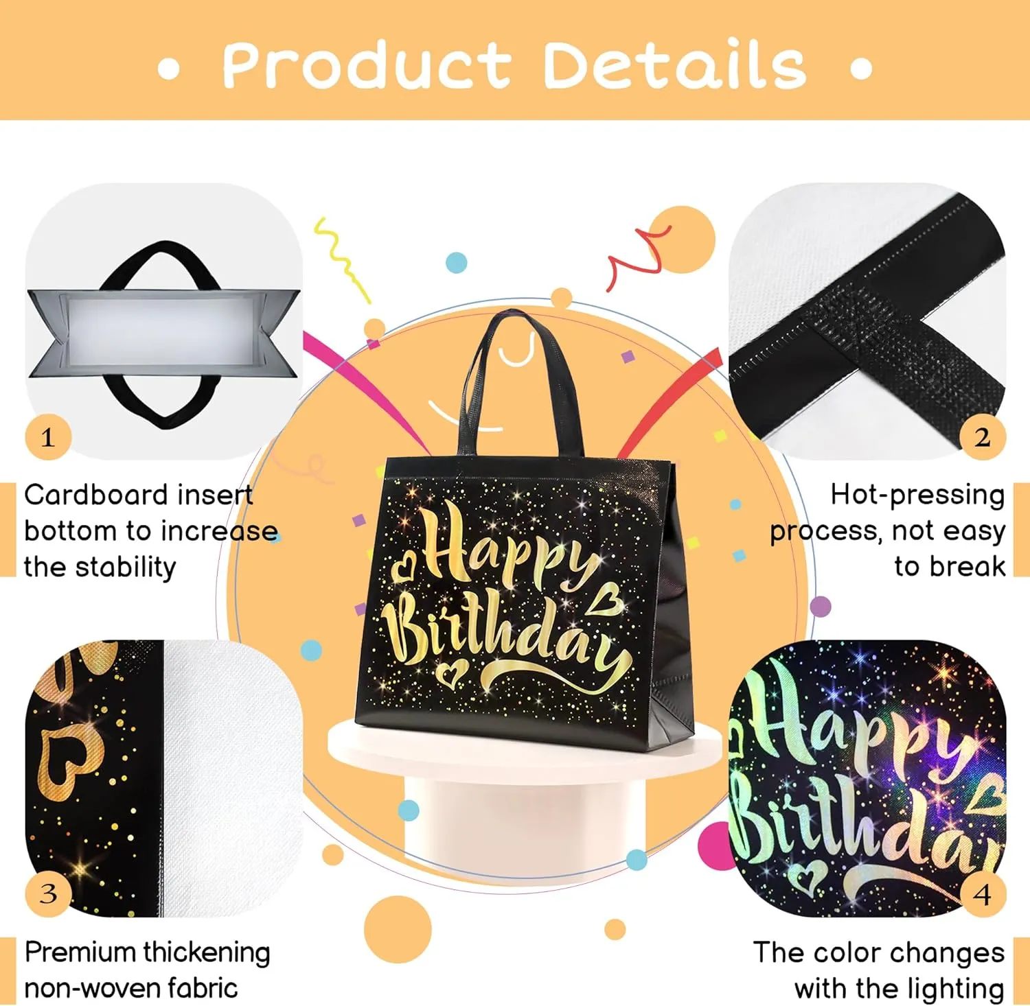 cabzymx 22 Pcs Black Birthday Gift Bags with Gold Shiny Stars, 12.6 x 4.7 x 11 In Reusable Party Gift Bags Bulk for Kids, Adults Birthday Party