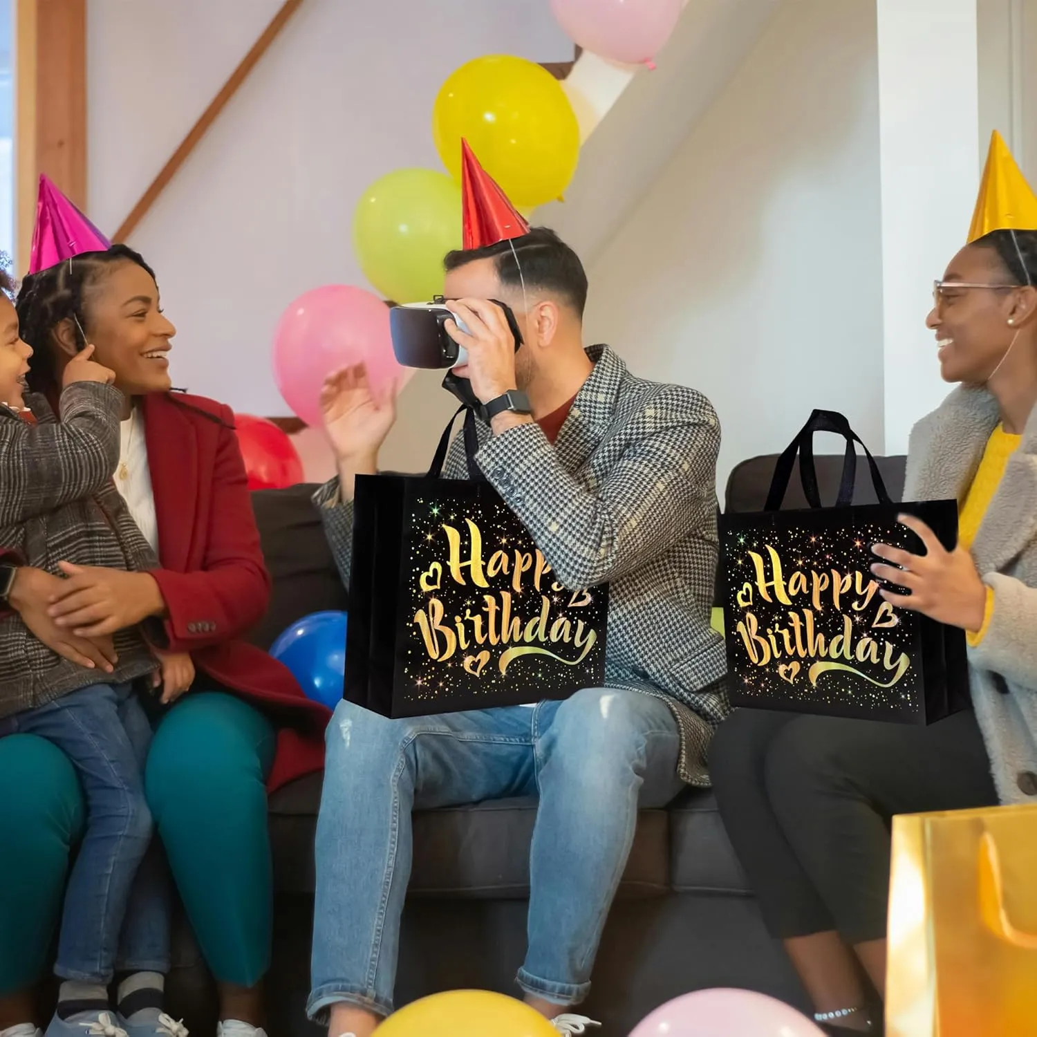 cabzymx 22 Pcs Black Birthday Gift Bags with Gold Shiny Stars, 12.6 x 4.7 x 11 In Reusable Party Gift Bags Bulk for Kids, Adults Birthday Party