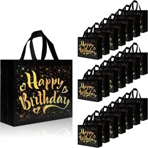 cabzymx 22 Pcs Black Birthday Gift Bags with Gold Shiny Stars, 12.6 x 4.7 x 11 In Reusable Party Gift Bags Bulk for Kids, Adults Birthday Party