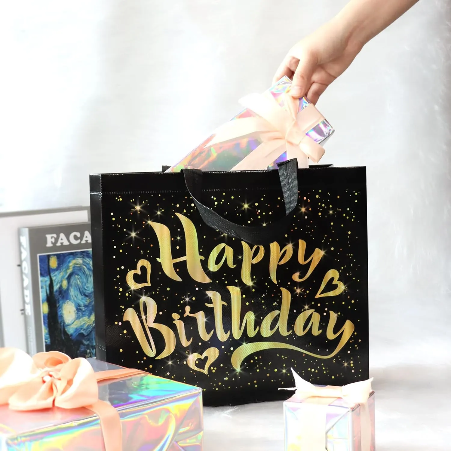cabzymx 22 Pcs Black Birthday Gift Bags with Gold Shiny Stars, 12.6 x 4.7 x 11 In Reusable Party Gift Bags Bulk for Kids, Adults Birthday Party
