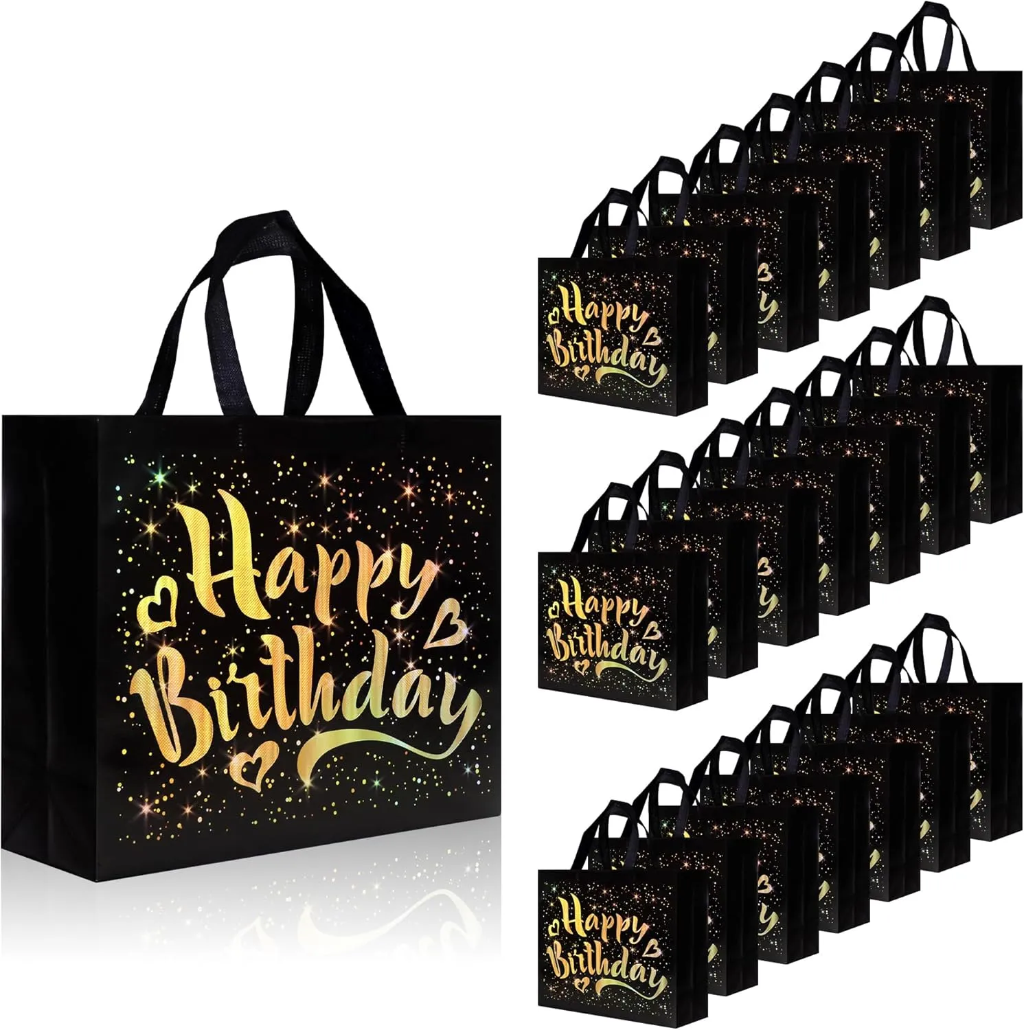 cabzymx 22 Pcs Black Birthday Gift Bags with Gold Shiny Stars, 12.6 x 4.7 x 11 In Reusable Party Gift Bags Bulk for Kids, Adults Birthday Party