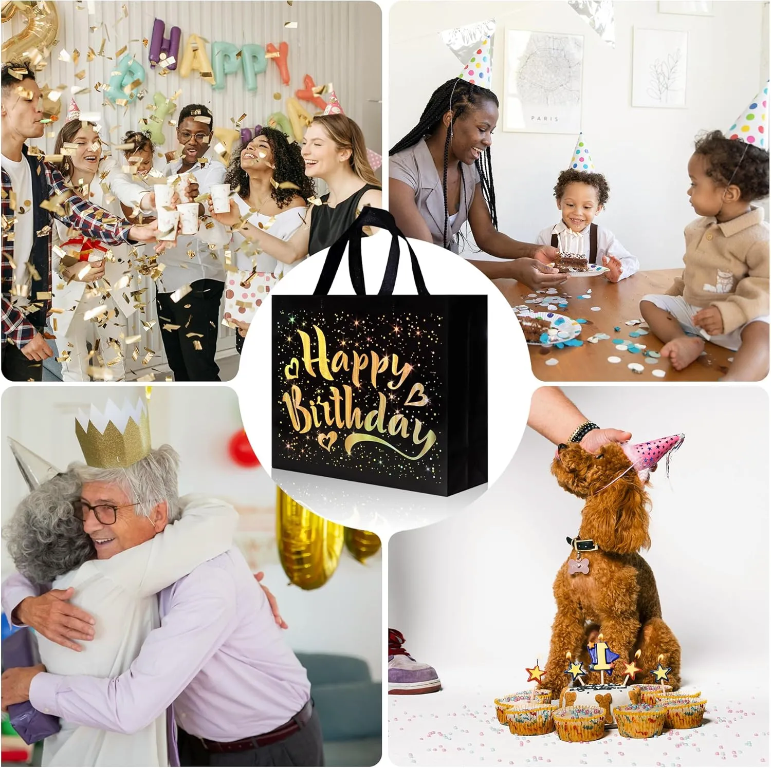 cabzymx 22 Pcs Black Birthday Gift Bags with Gold Shiny Stars, 12.6 x 4.7 x 11 In Reusable Party Gift Bags Bulk for Kids, Adults Birthday Party