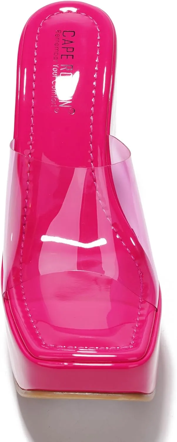 Cape Robbin Women's Platform Wedge Sandals - 6-Inch Heel Square Open Toe Slip-On Clear Strap (Pinkki)
