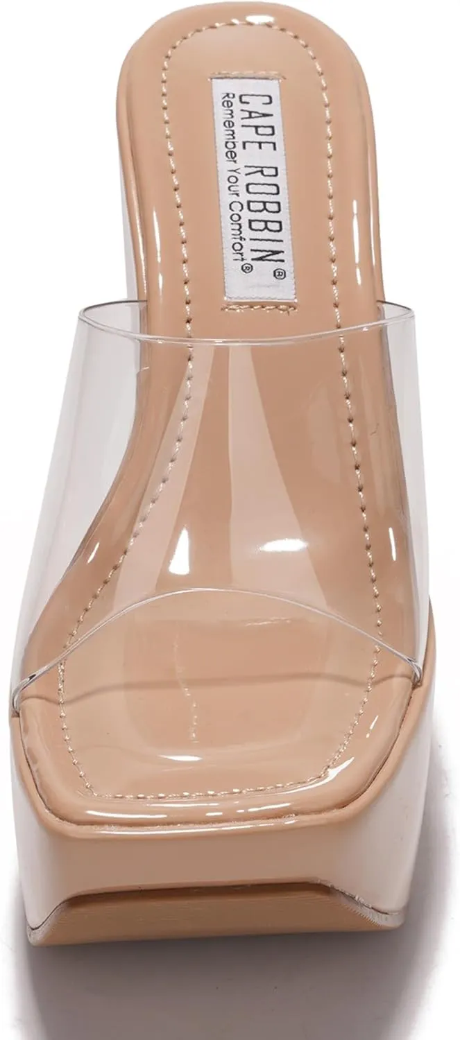 Cape Robbin Women's Platform Wedge Sandals - 6-Inch Heel Square Open Toe Slip-On Clear Strap (Pinkki)