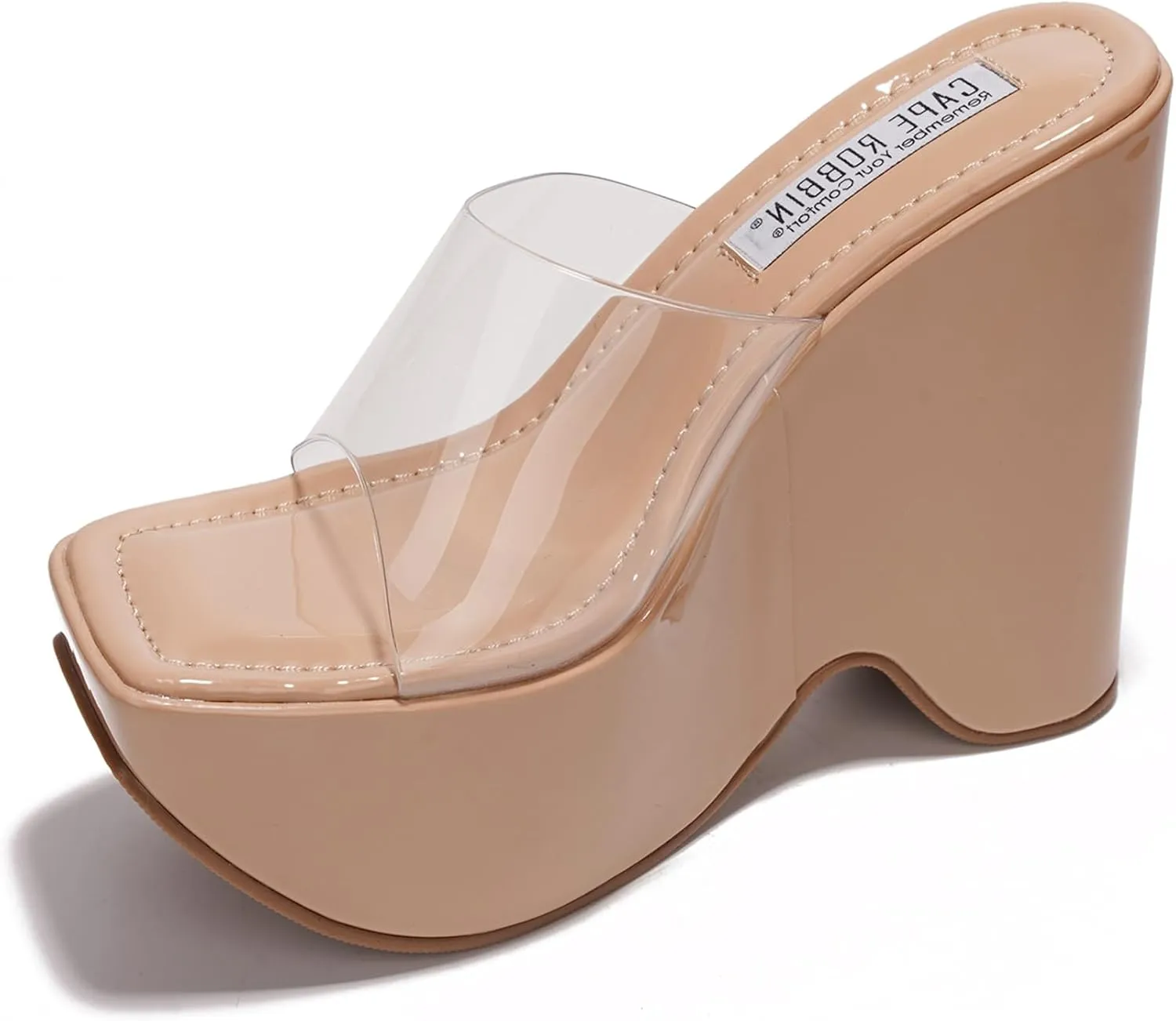 Cape Robbin Women's Platform Wedge Sandals - 6-Inch Heel Square Open Toe Slip-On Clear Strap (Pinkki)
