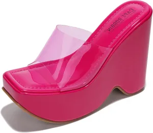 Cape Robbin Women's Platform Wedge Sandals - 6-Inch Heel Square Open Toe Slip-On Clear Strap (Pinkki)